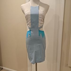 Blue and white dress with side slits